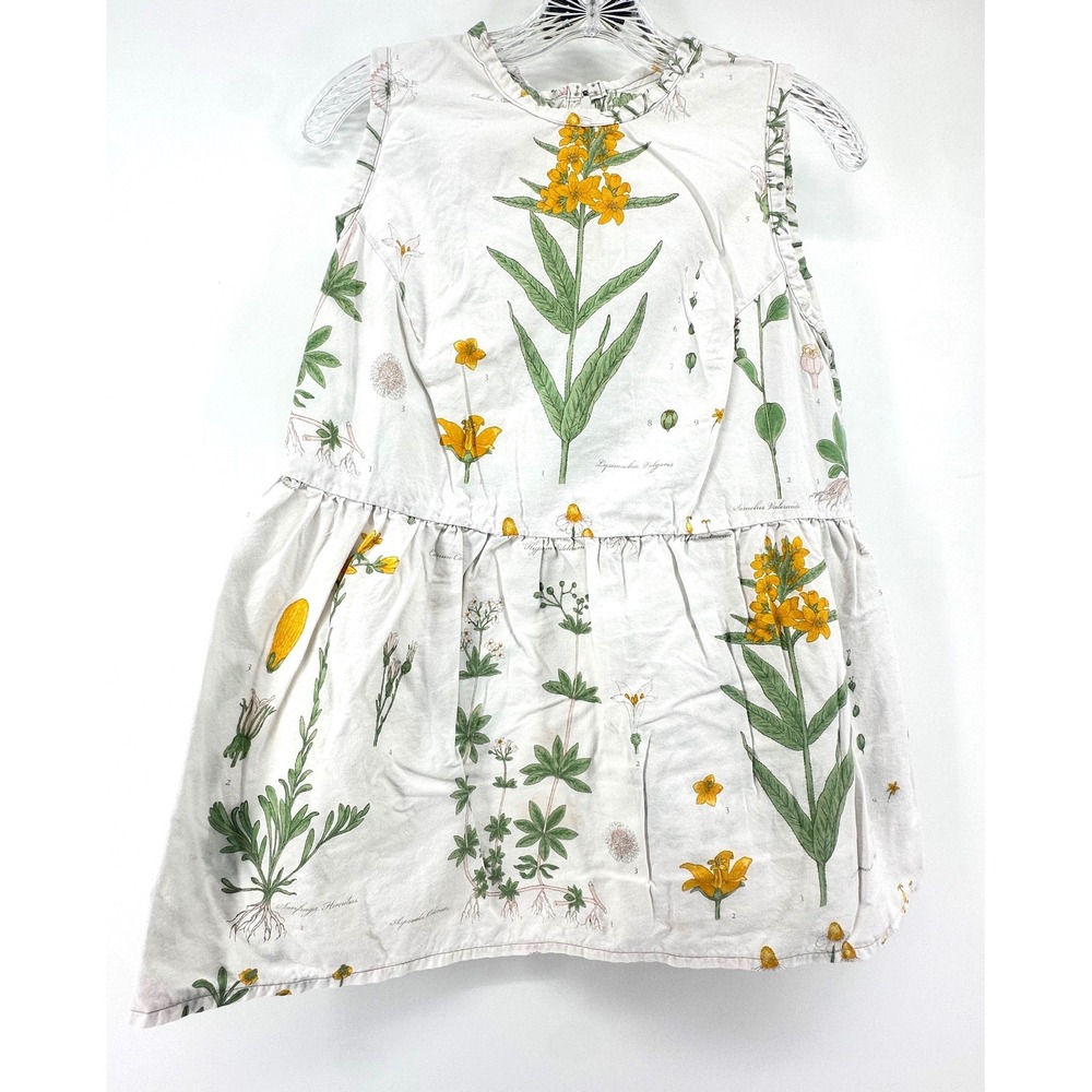 Botanical Illustration Floral Sleeveles Dress Yellow White Nature Print Handmade
